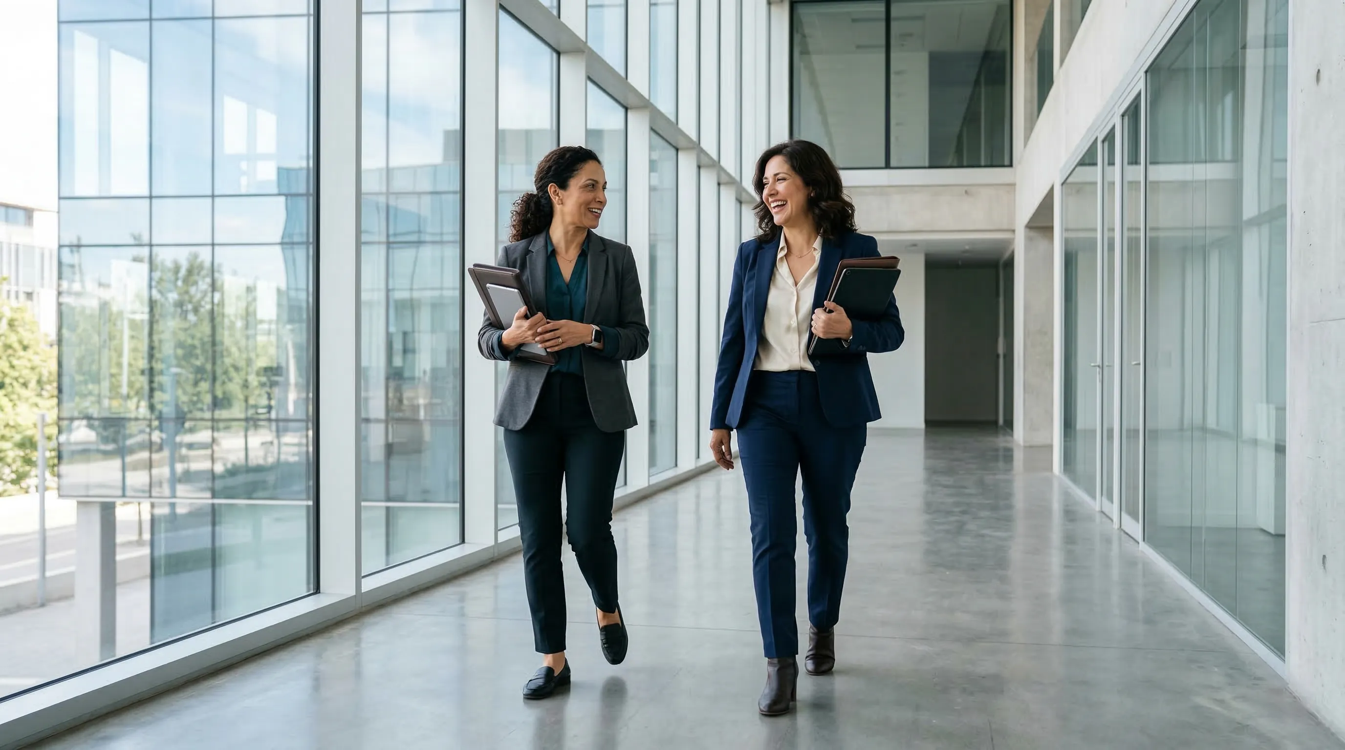 Dos mujeres directivas caminando en corredor corporativo moderno con propósito