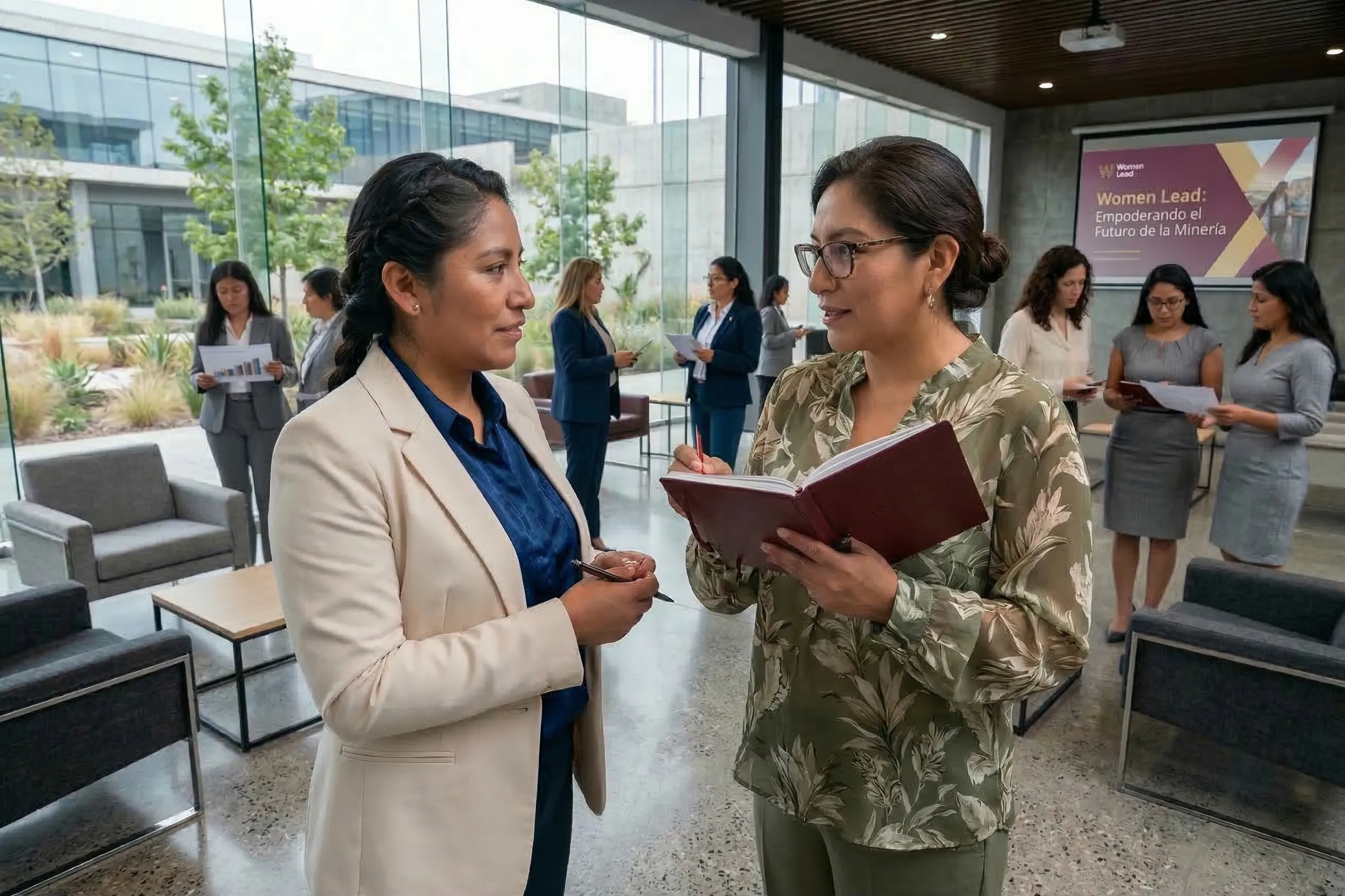 Mujeres profesionales intercambiando tarjetas en evento de networking industrial